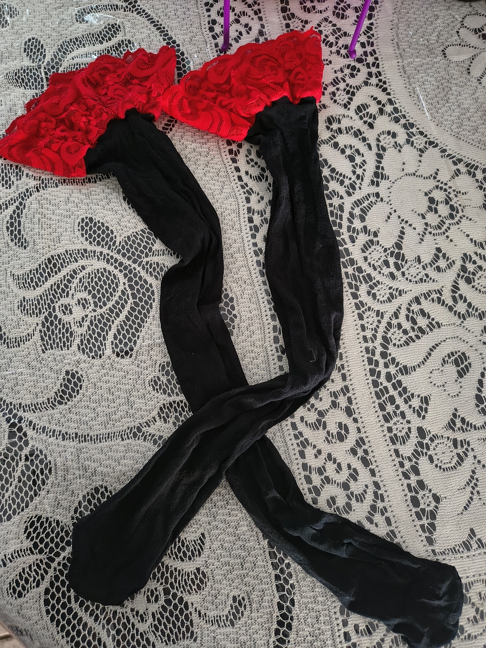 Red Black Lace Thigh High Stockings Costume Cosplay Festival Party Rave Lingerie